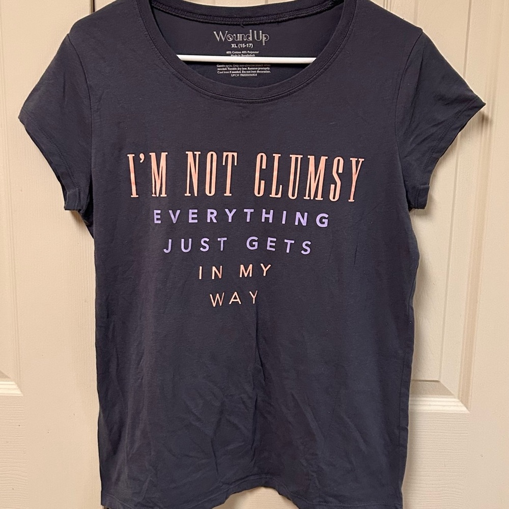 Wound Up Navy Tee with Pink and Purple Text